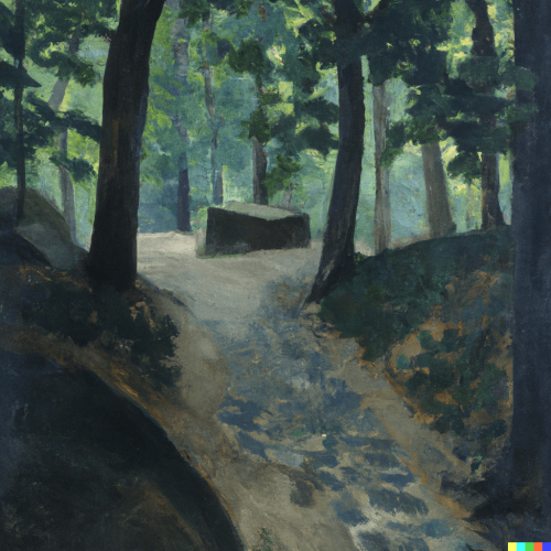 DALL·E 2023-02-13 11.23.56 - stone path in the middle of the forest, by Edward Hopper